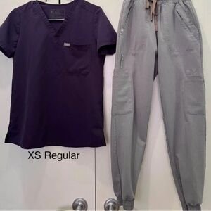 Figs Women's Scrub Set in Deep Purple Top and Light Gray Jogger Pants